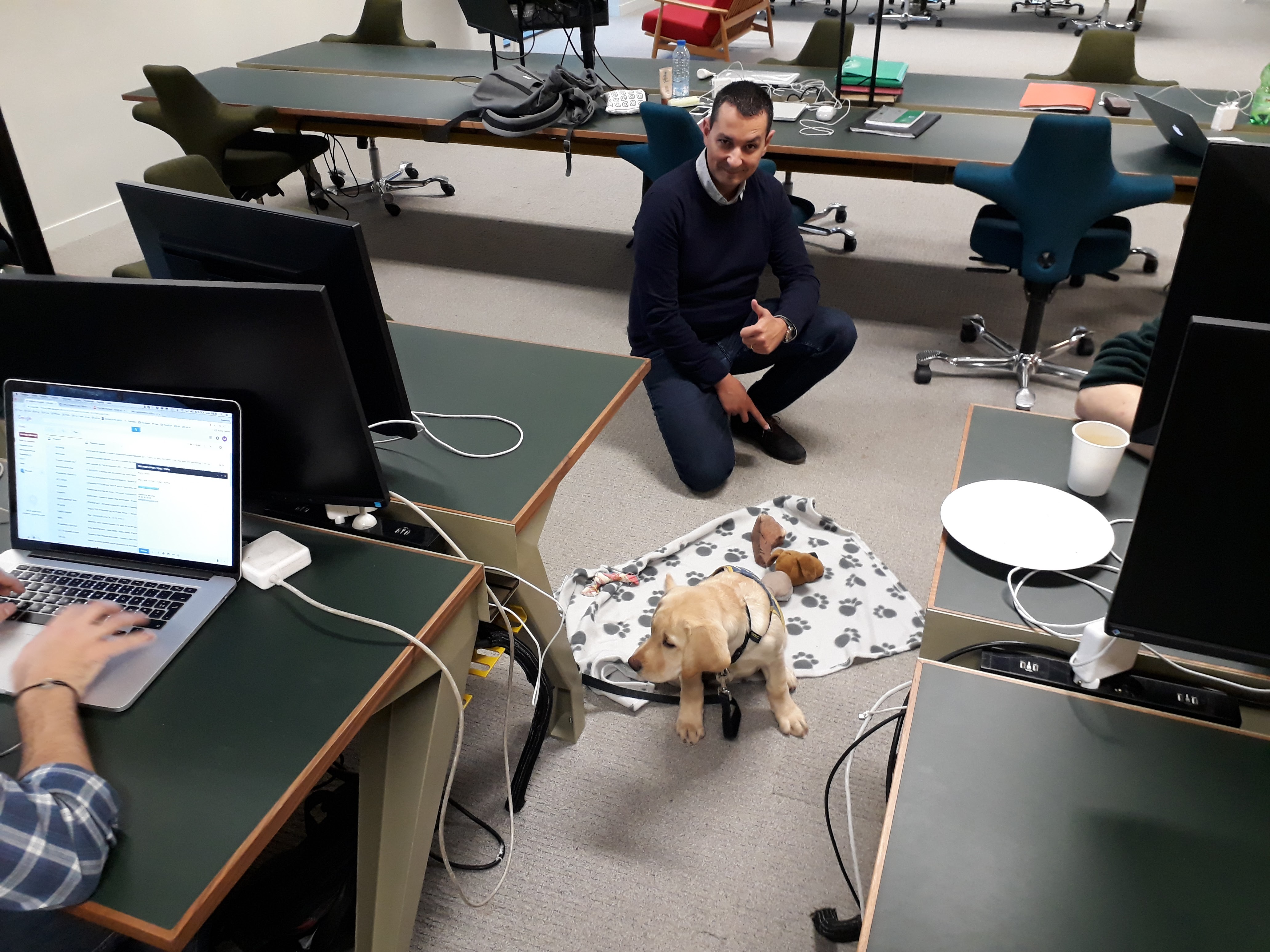 Eric accropi à côté de Noma, labrador crème de 3 mois